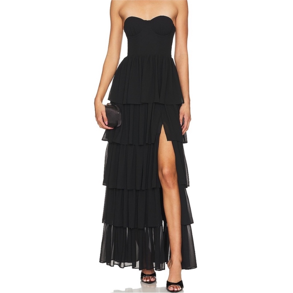Lovers + Friends Black Strapless Tiered Gown